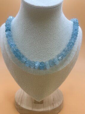 Handmade Aquamarine Melon-Bead Necklace, 20 in, Gold Charm Clasp